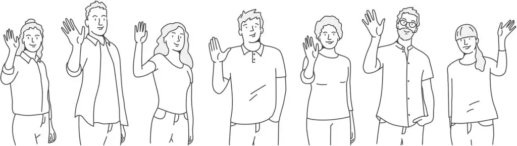 Verschiedene Strichmännchen winken fröhlich