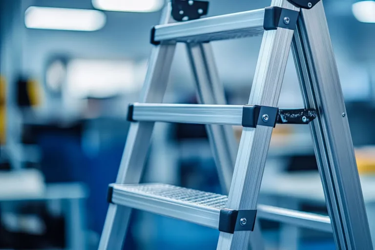 Eine Leiter vor einem unscharfen Hintergrund einer Fertigung